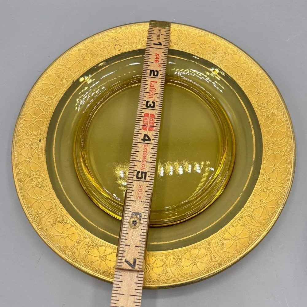 Vintage Glass Plate Gold Encrusted Floral Rim 7.25 Inch Yellow‎